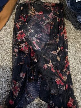 Guess Black Floral Sheer Cardigan with Red and Tan Accents